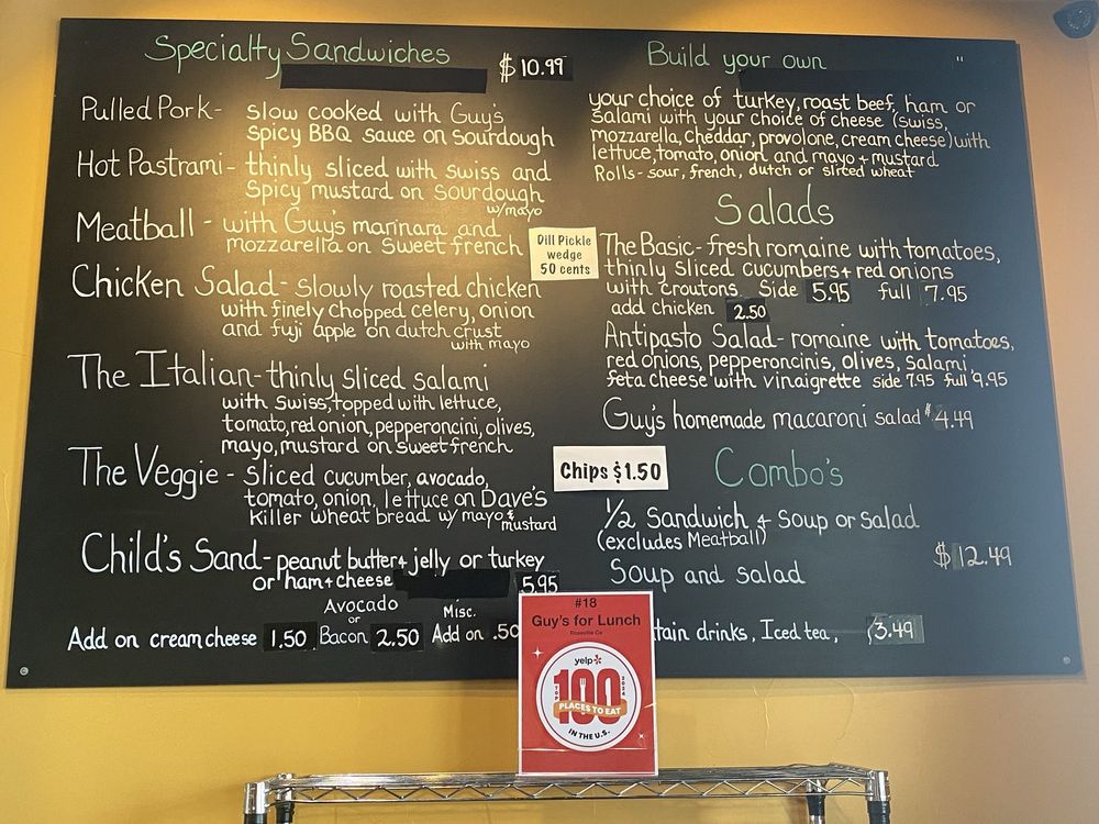 Guy's For Lunch chalkboard menu inside the shop
